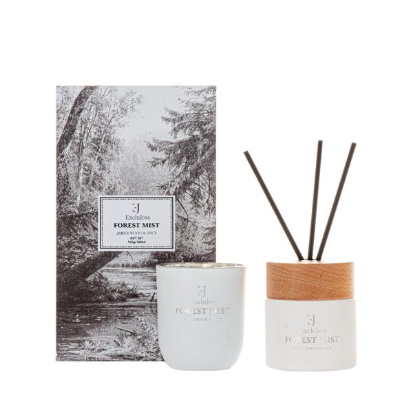 gift set geurkaars en geurstokjes forest mist wit